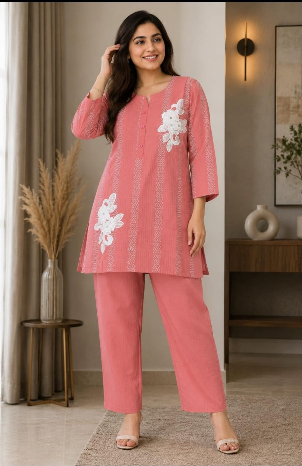 Peach Embroidered Cord Set