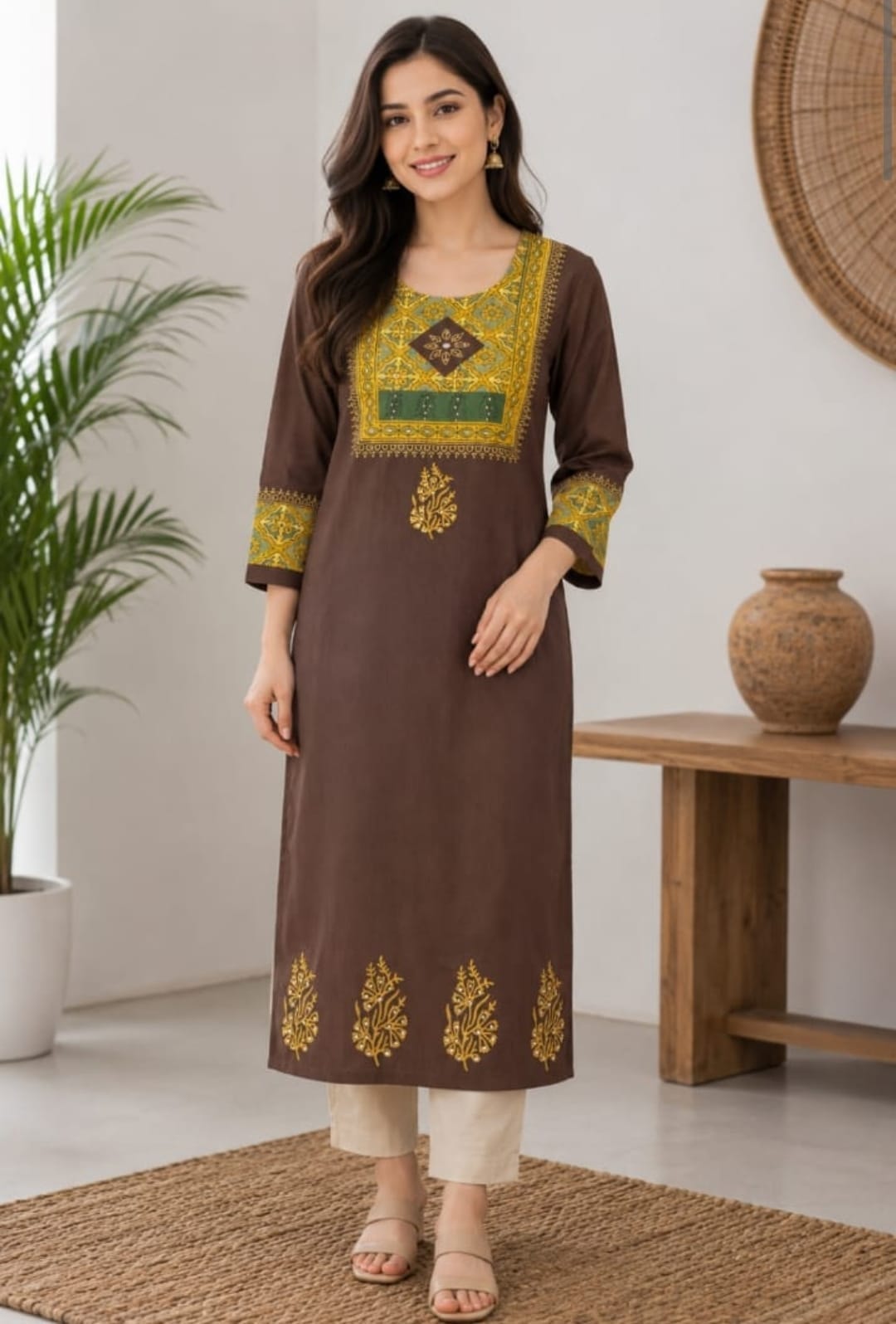 Brown Embroidered Kurti