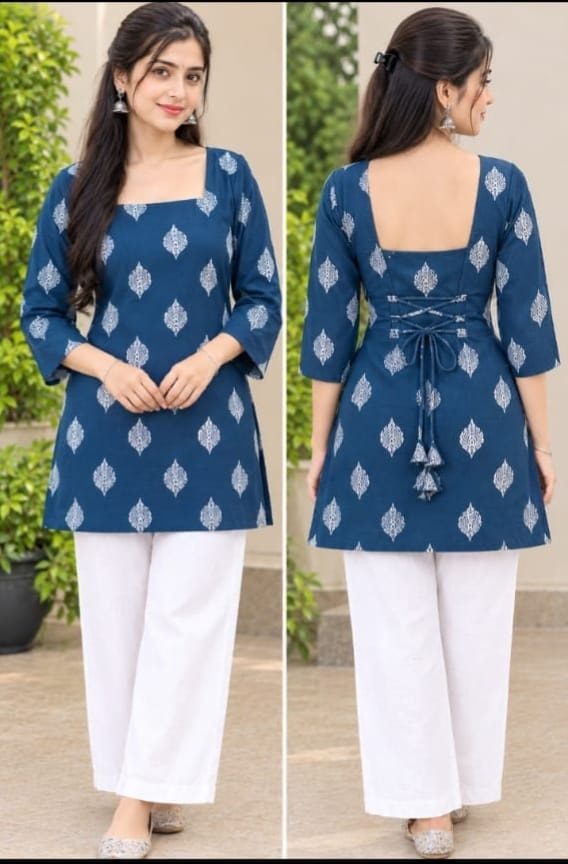 Navy Blue Back Dory Short Kurti