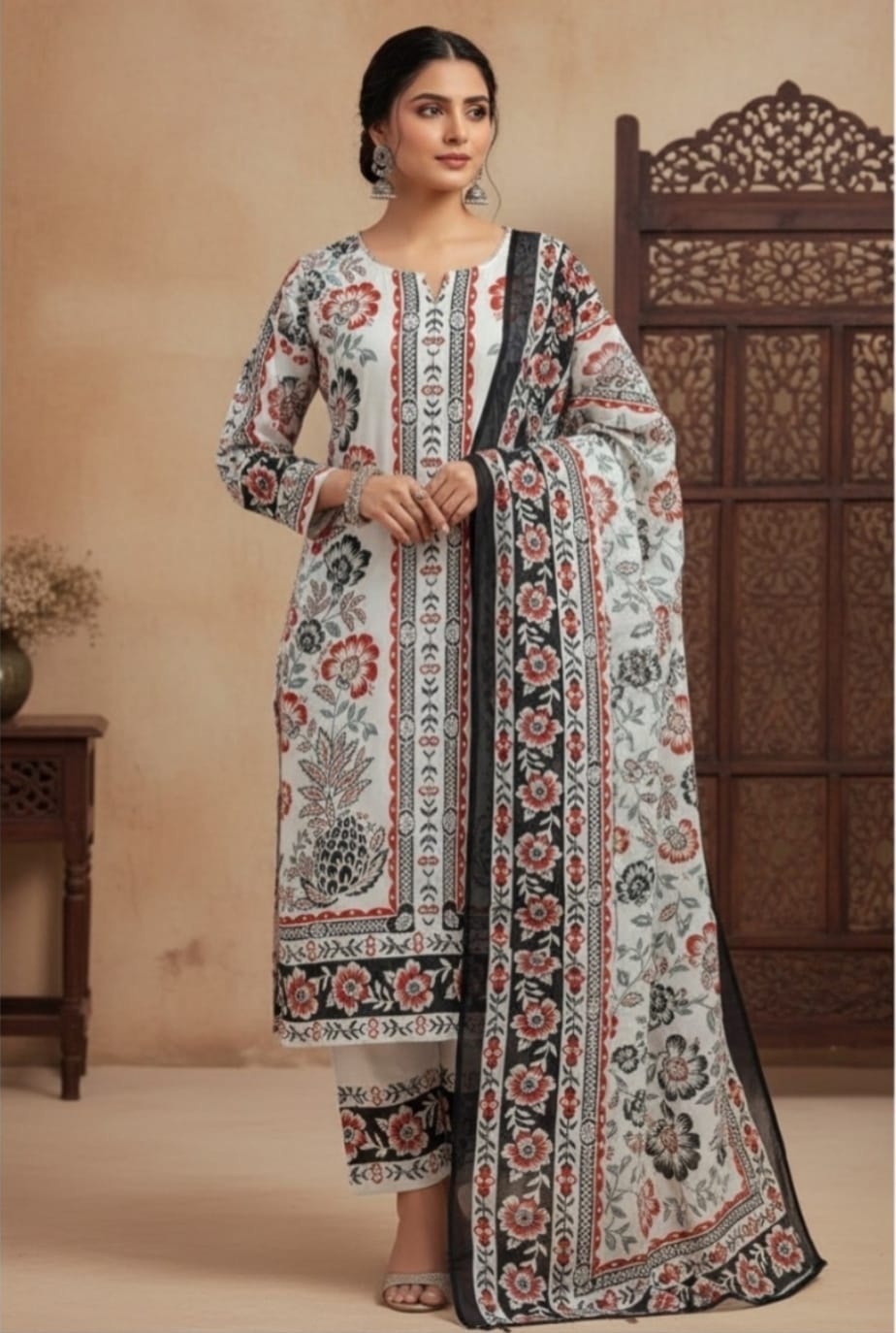 White Pakistani Print Suit