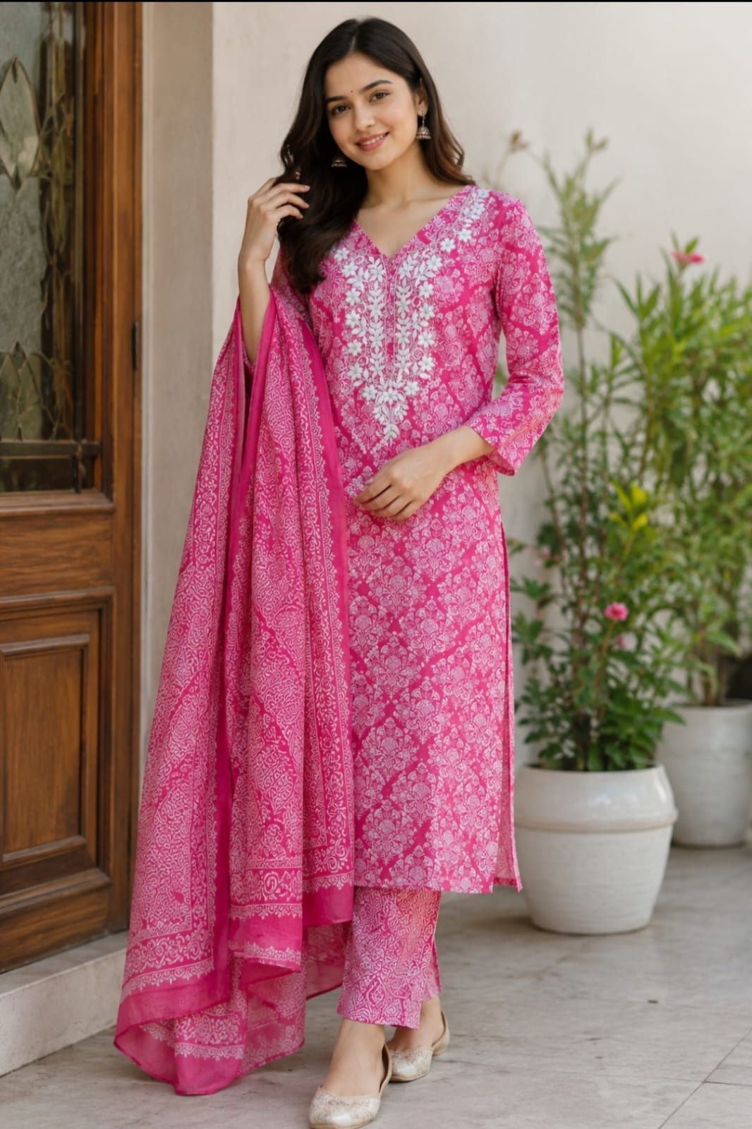 Pink Cotton Chicken Embroidery Suit