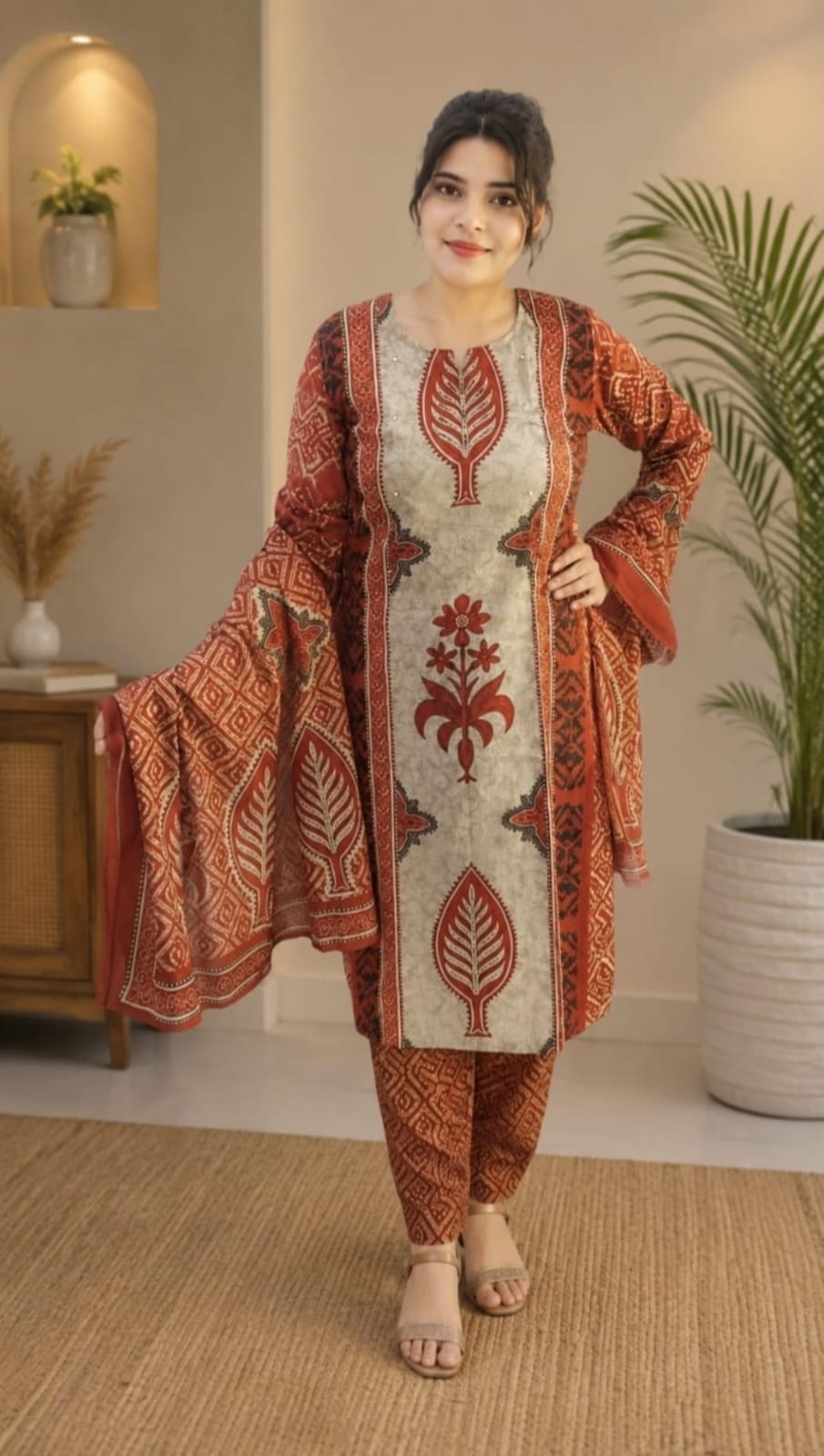 Rust Orange Digital Ikkat Printed Suit